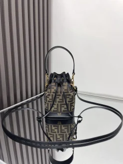 FENDI Bucket Bags Jacquard Fabric (Brown-Black) 12X18X10CM D30202608080046