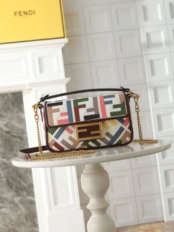 FENDI Shoulder Bags Canvas Leather (White-Brown-Gold) 13X5X20CM D80202608080133