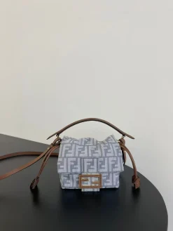 FENDI Shoulder Bags Denim Calf Leather (Grey-Brown) 16X10X13CM D80202608080140