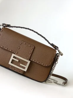 FENDI Shoulder Bags Embossed Calfskin (Brown-Silver) 20X5X13CM E60202608080164