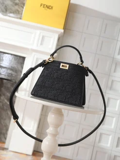 FENDI Top Handle Bags Calf Leather (Black-Gold) 20X11X15CM H30202608080116