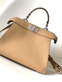 FENDI Top Handle Bags Calfskin Leather (Beige-Silver) 27X11X21CM G60202608080124