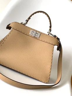 Alternative view of FENDI Top Handle Bags Calfskin Leather (Beige-Silver) 27X11X21CM G60202608080124