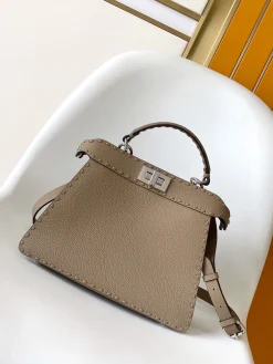 FENDI Top Handle Bags Calfskin Leather (Beige-Silver) 27X11X21CM G60202608080125