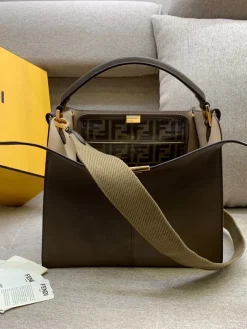 FENDI Top Handle Bags Calfskin Leather (Brown-Beige) 30X25X15CM G10202608080019