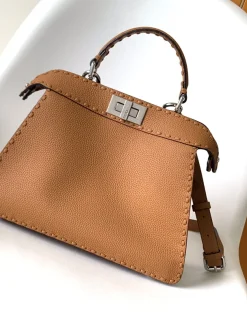 FENDI Top Handle Bags Calfskin Leather (Brown-Silver) 27X11X21CM G60202608080120