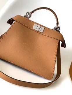 Alternative view of FENDI Top Handle Bags Calfskin Leather (Brown-Silver) 27X11X21CM G60202608080120