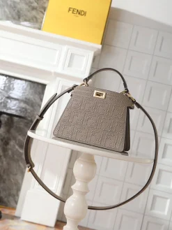 FENDI Top Handle Bags Calfskin Leather (Gray-Gold) 20X11X15CM H30202608080115