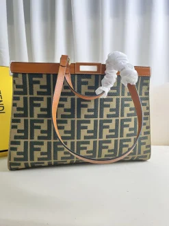 FENDI Totes Bags Canvas Leather (Brown-Green) 40X12X29CM E60202608080015