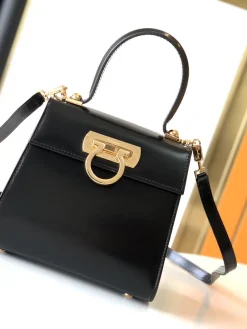 FERRAGAMO Shoulder Bags Box Leather (Black-Gold) 20X18X10 A050202608100132