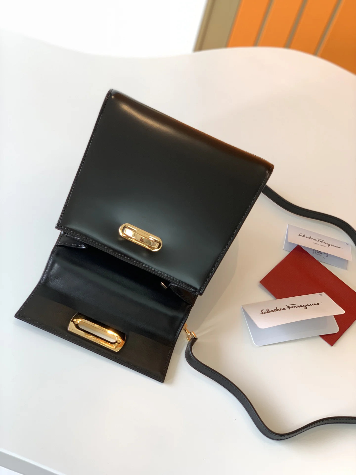 FERRAGAMO Shoulder Bags Box Leather (Black-Gold) 20X18X10 A05008100132 - Image 3