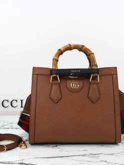 GUCCI Top Handle Bags Brown Leather (Brown-Black) 27X24X11CM F50202608060015