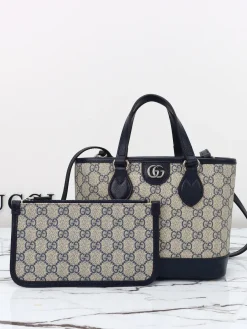 GUCCI Top Handle Bags Leather (Beige-Navy) 20X18X10CM C90202608060243