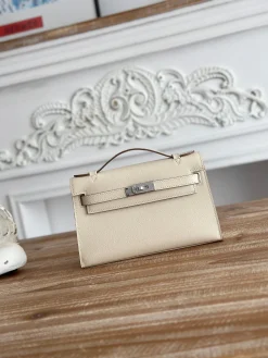 HERMES Clutches Bags Epsom Leather (Beige-Silver) 22CM F50202608090146