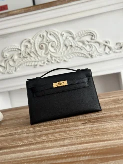 HERMES Clutches Bags Epsom Leather (Black-Gold) 22CM F50202608090148