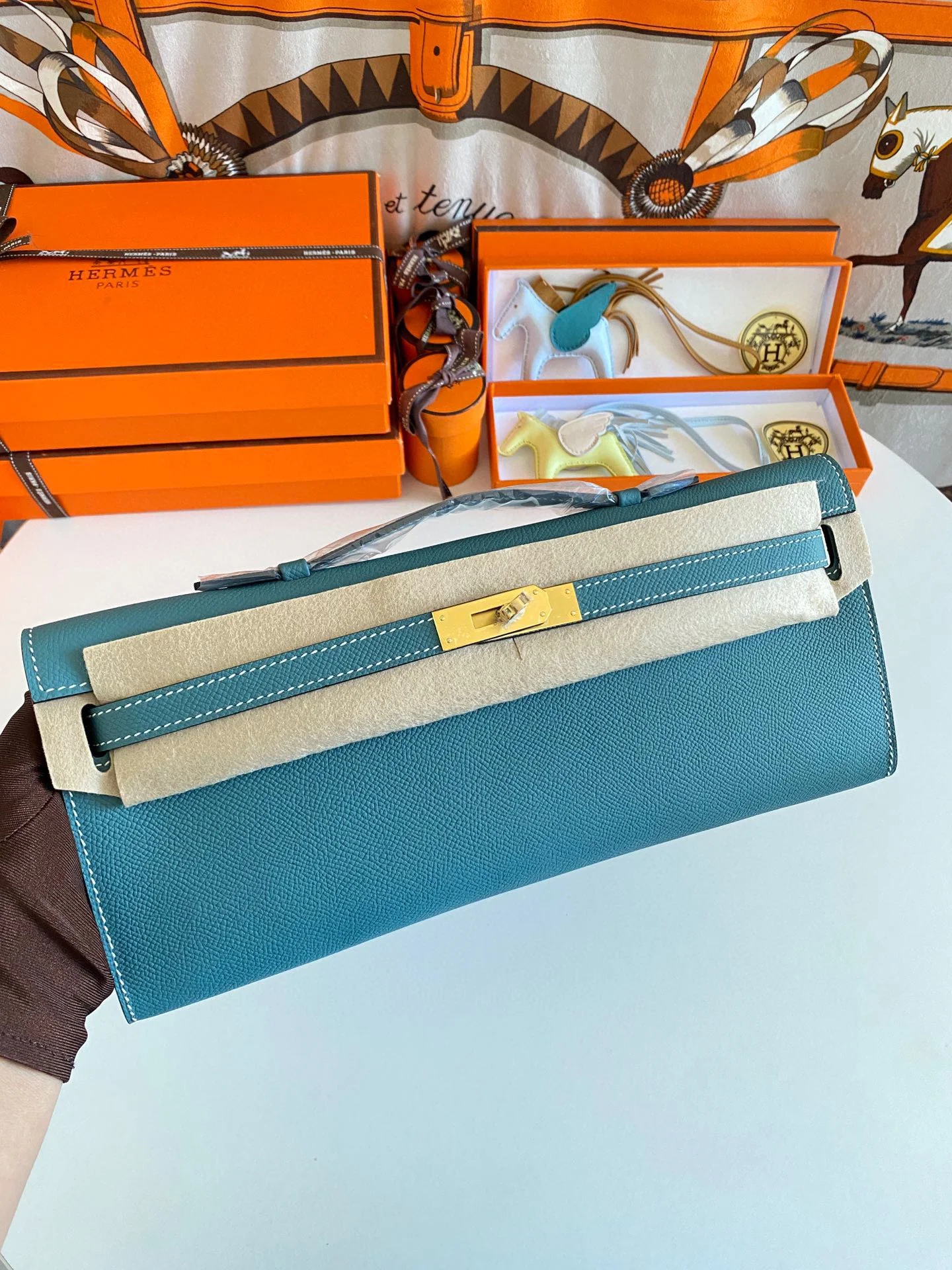 HERMES Clutches Bags Epsom Leather (Blue-Beige) 31CM H00202608091088