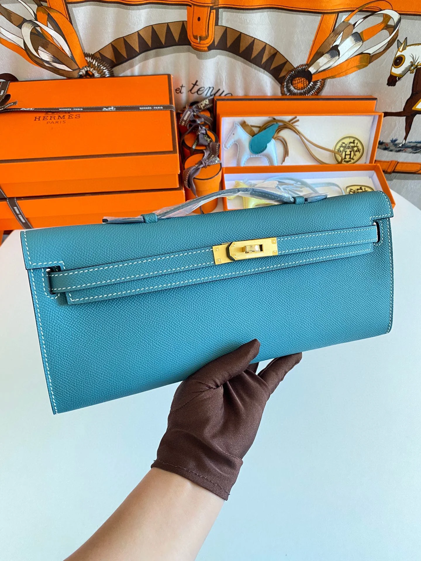 HERMES Clutches Bags Epsom Leather (Blue-Beige) 31CM H00202608091088 - Image 8