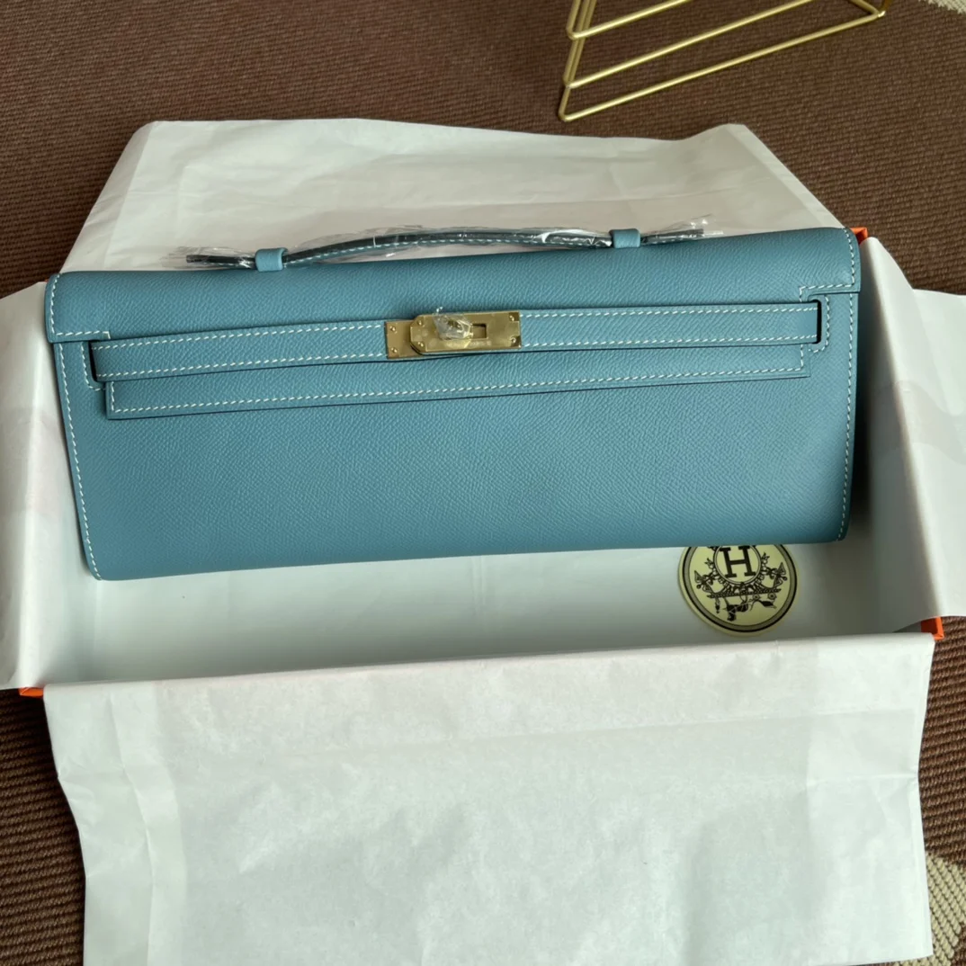 HERMES Clutches Bags Epsom Leather (Blue-Gold) 31X14X3CM H00202608091076
