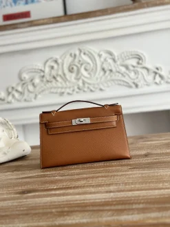 HERMES Clutches Bags Epsom Leather (Brown-Silver) 22CM F50202608090132