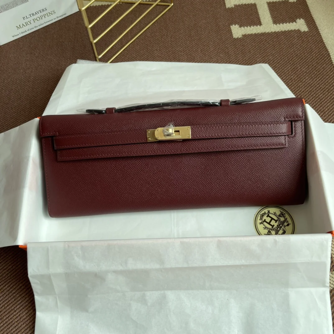HERMES Clutches Bags Epsom Leather (Burgundy-Gold) 31X14X3CM H00202608091078