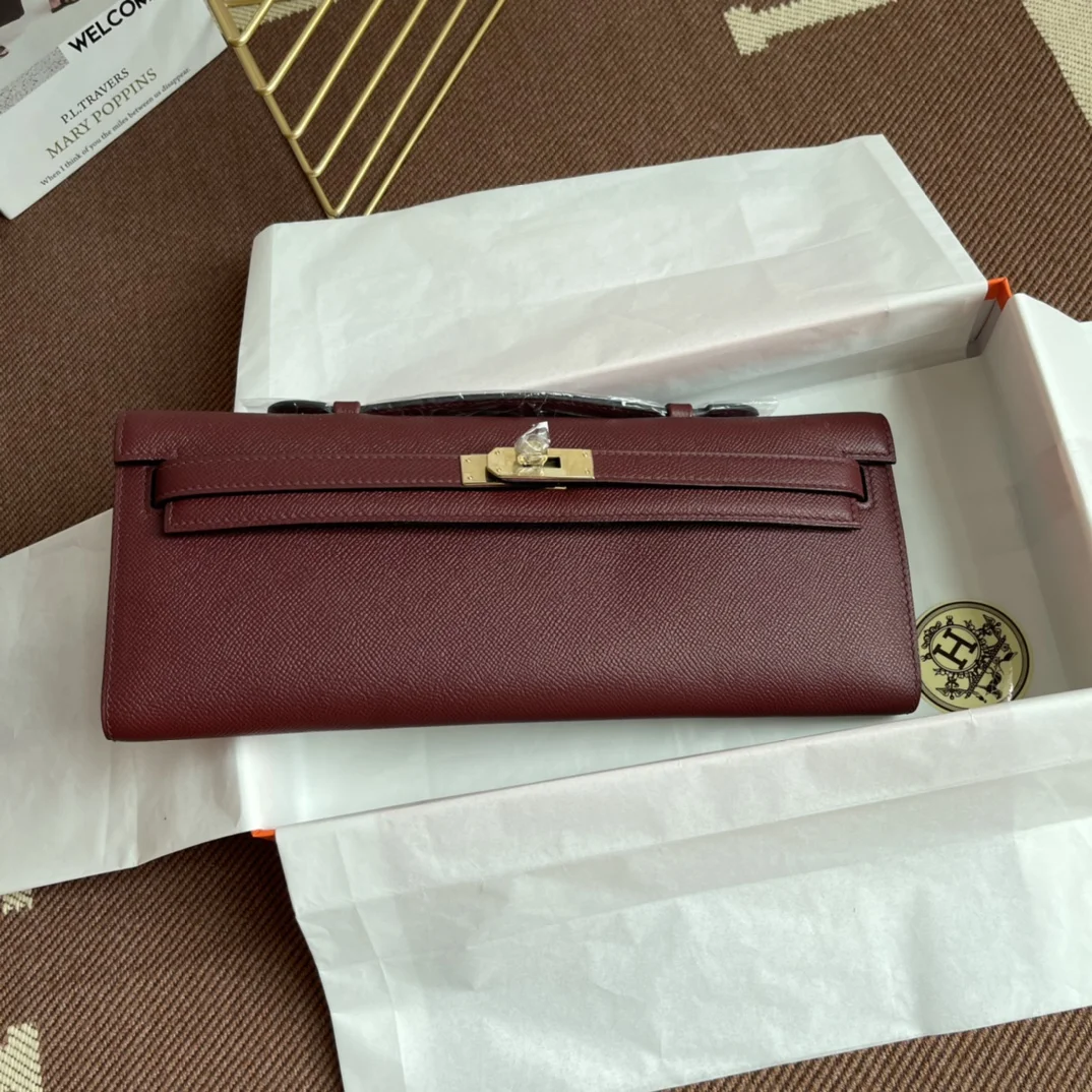 HERMES Clutches Bags Epsom Leather (Burgundy-Gold) 31X14X3CM H00202608091078 - Image 3