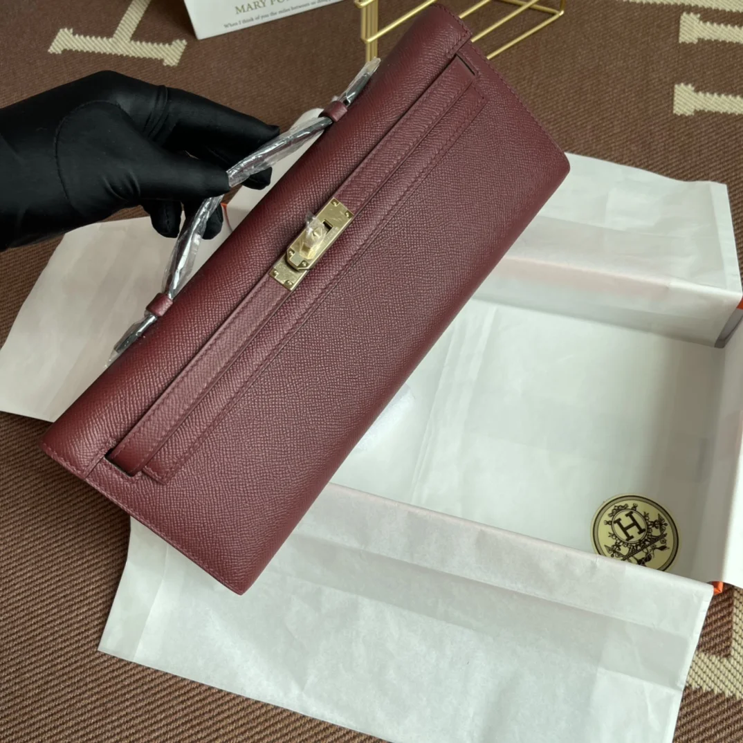 HERMES Clutches Bags Epsom Leather (Burgundy-Gold) 31X14X3CM H00202608091078 - Image 4
