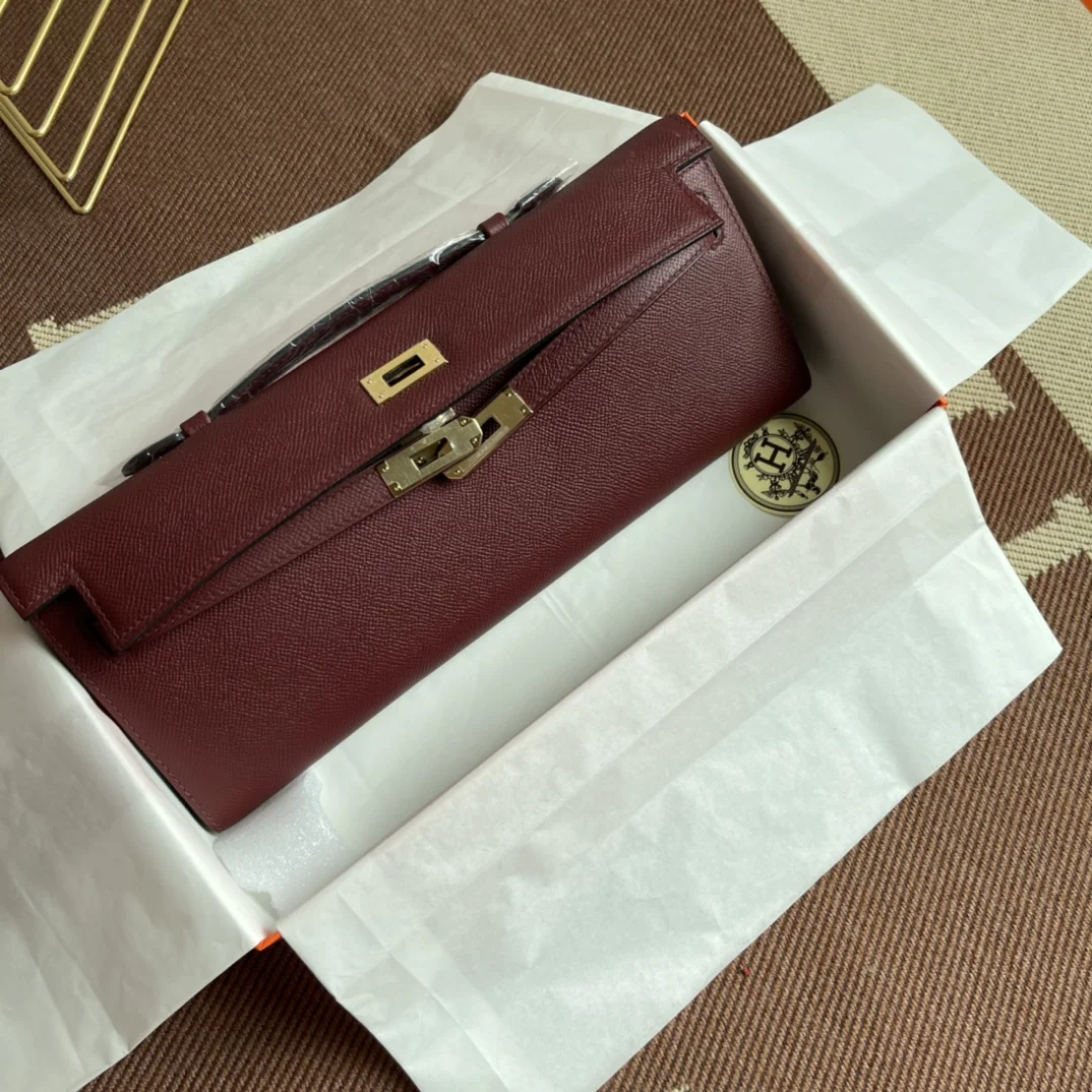 HERMES Clutches Bags Epsom Leather (Burgundy-Gold) 31X14X3CM H00202608091078 - Image 7