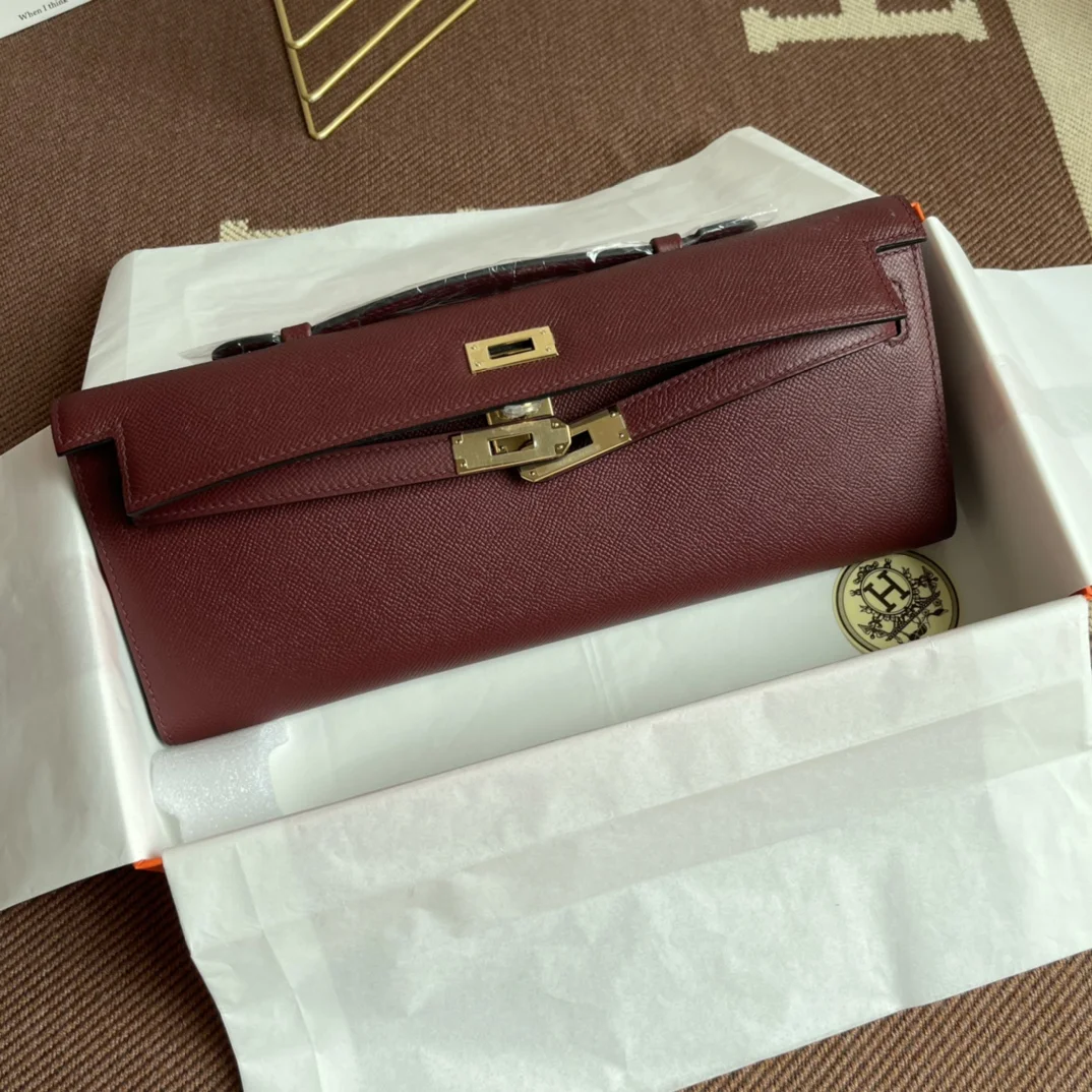 HERMES Clutches Bags Epsom Leather (Burgundy-Gold) 31X14X3CM H00202608091078 - Image 8