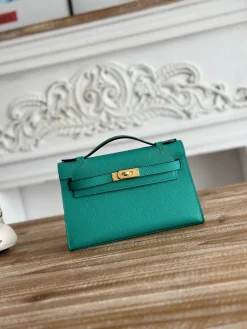 HERMES Clutches Bags Epsom Leather (Green-Gold) 22CM F50202608090136