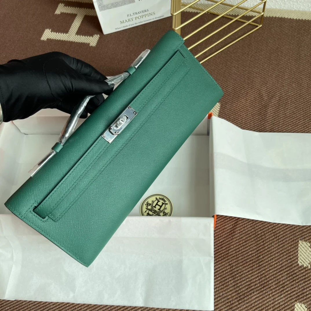 HERMES Clutches Bags Epsom Leather (Green-Silver) 31X14X3CM H00202608091054