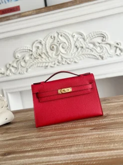 HERMES Clutches Bags Epsom Leather (Red-Gold) 22CM F50202608090140