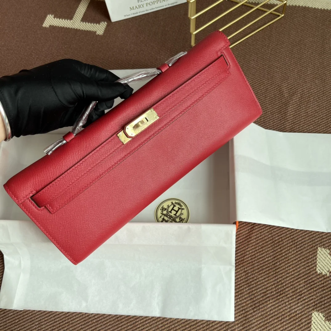 HERMES Clutches Bags Epsom Leather (Red-Gold) 31X14X3CM H00202608091055