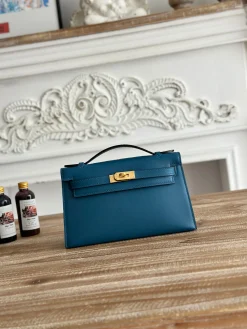 HERMES Clutches Bags Swift Leather (Blue-Gold) 22CM G50202608090186