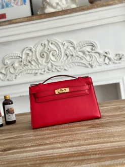 HERMES Clutches Bags Swift Leather (Red-Gold) 22CM G50202608090185