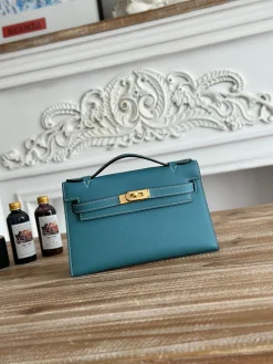 HERMES Clutches Bags Swift Leather (Teal-Gold) 22CM G50202608090200