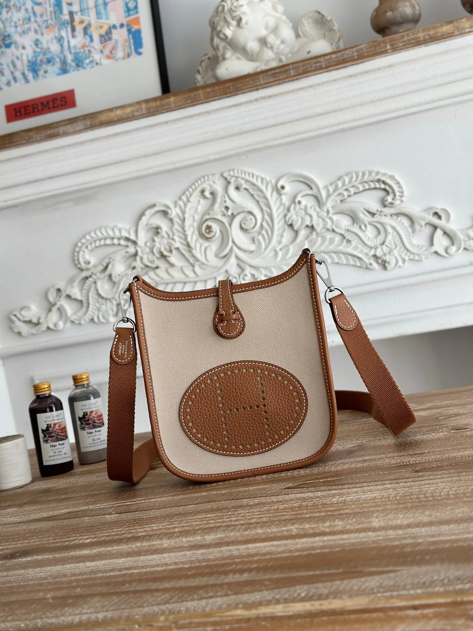 HERMES Shoulder Bags Canvas Leather (Beige-Brown) 29X16CM I50202608090436