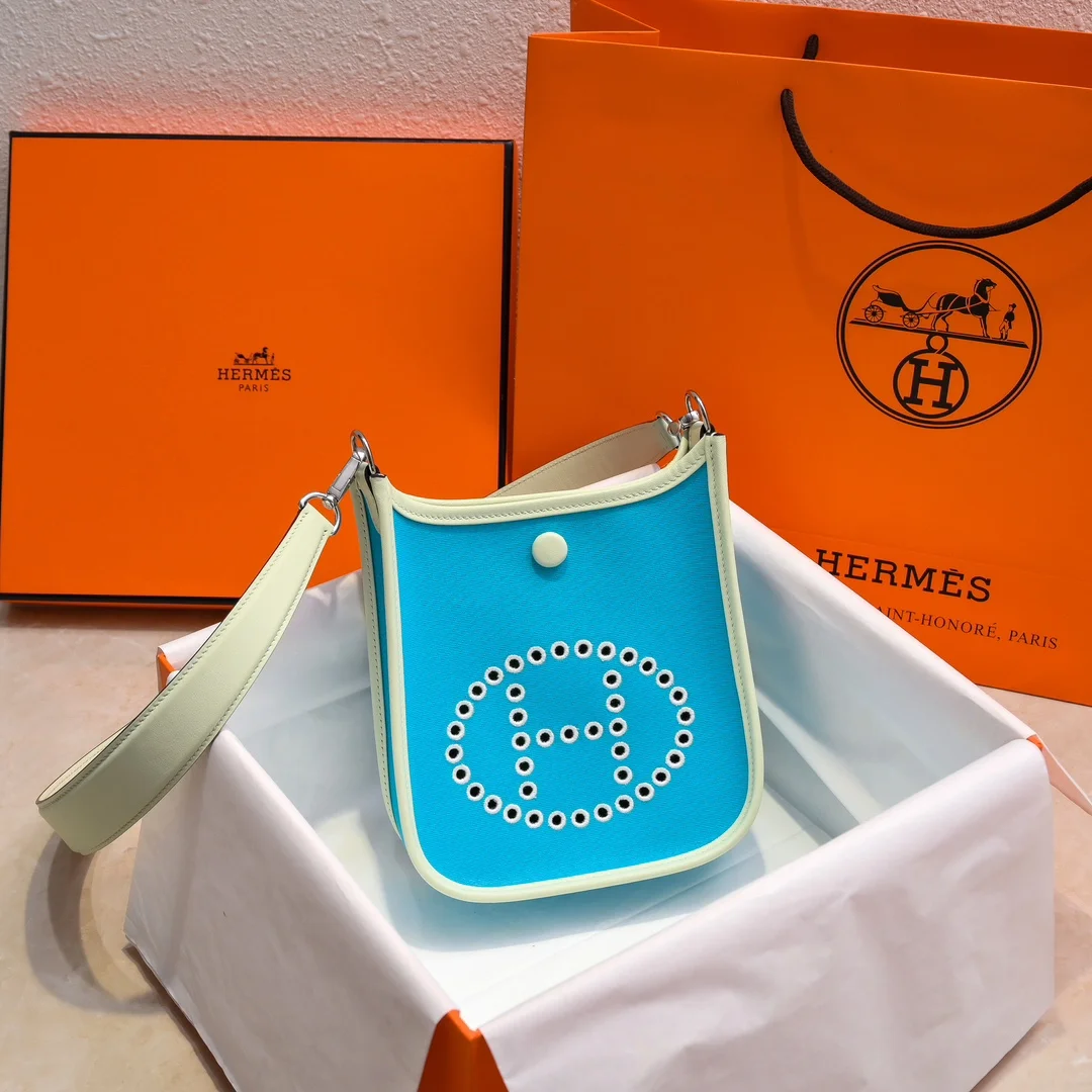 HERMES Shoulder Bags Canvas Leather (Blue-Yellow) 16X29CM I50202608090443