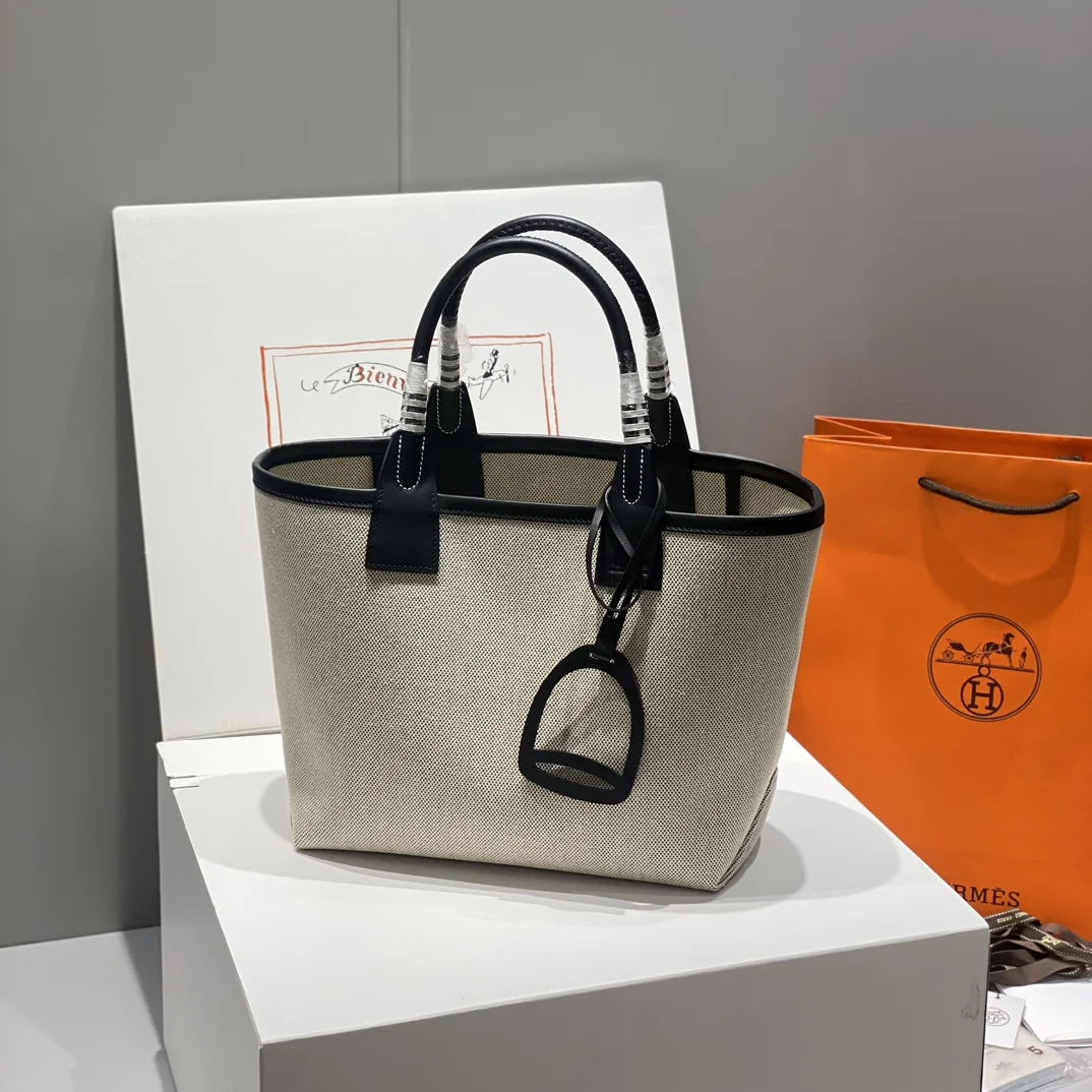 HERMES Top Handle Bags Canvas Calfskin (Beige-Black) 25X23X15CM I50202608090679