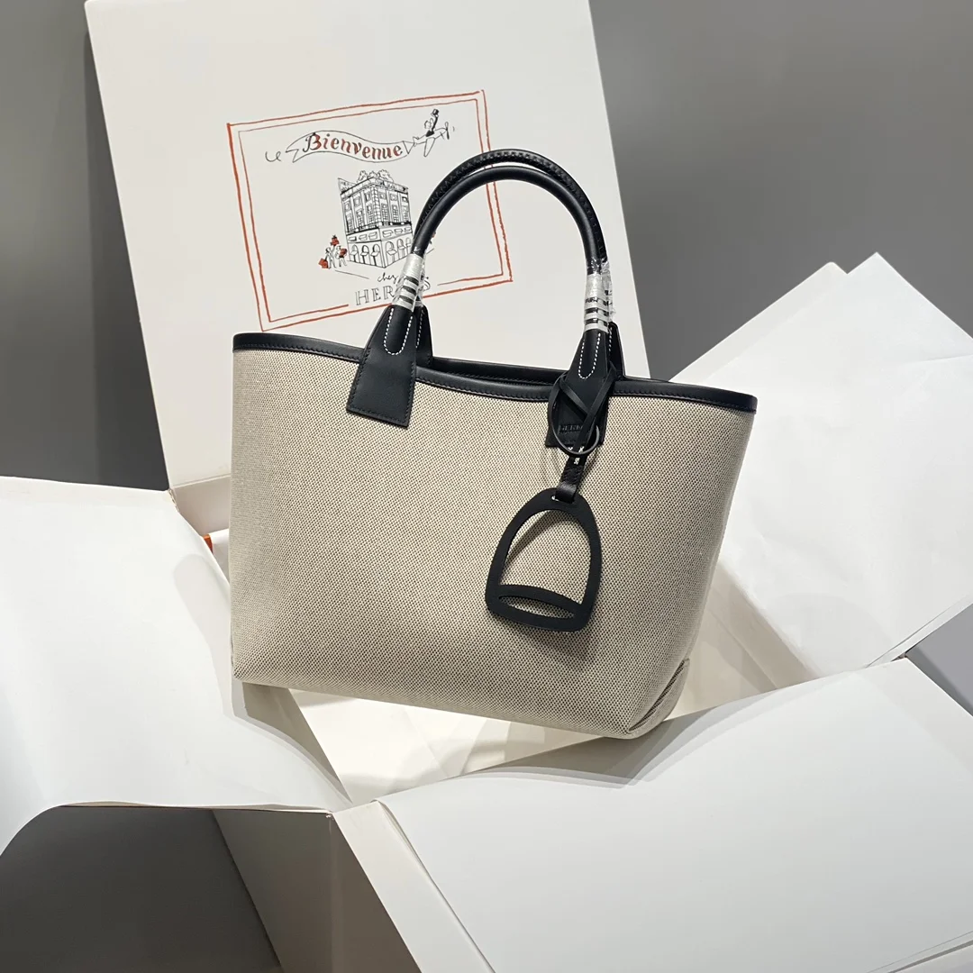 HERMES Top Handle Bags Canvas Calfskin (Beige-Black) 25X23X15CM I50202608090679 - Image 2