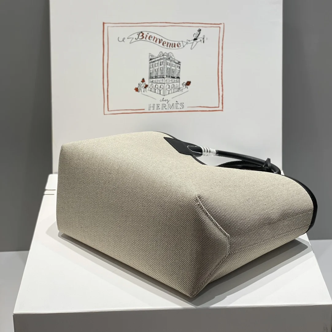 HERMES Top Handle Bags Canvas Calfskin (Beige-Black) 25X23X15CM I50202608090679 - Image 3
