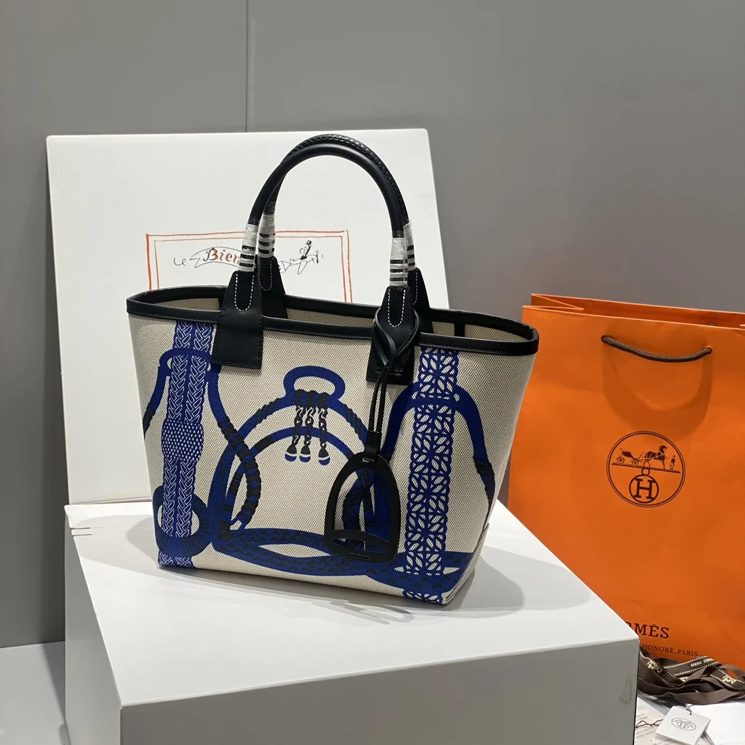 HERMES Top Handle Bags Canvas Calfskin (Beige-Blue) 25X23X15CM I50202608090677