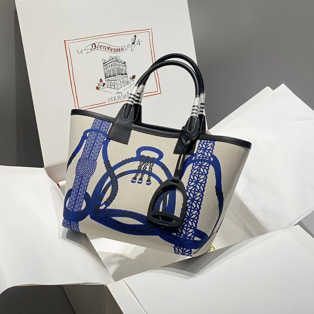 HERMES Top Handle Bags Canvas Calfskin (Beige-Blue) 25X23X15CM I50202608090677 - Image 2