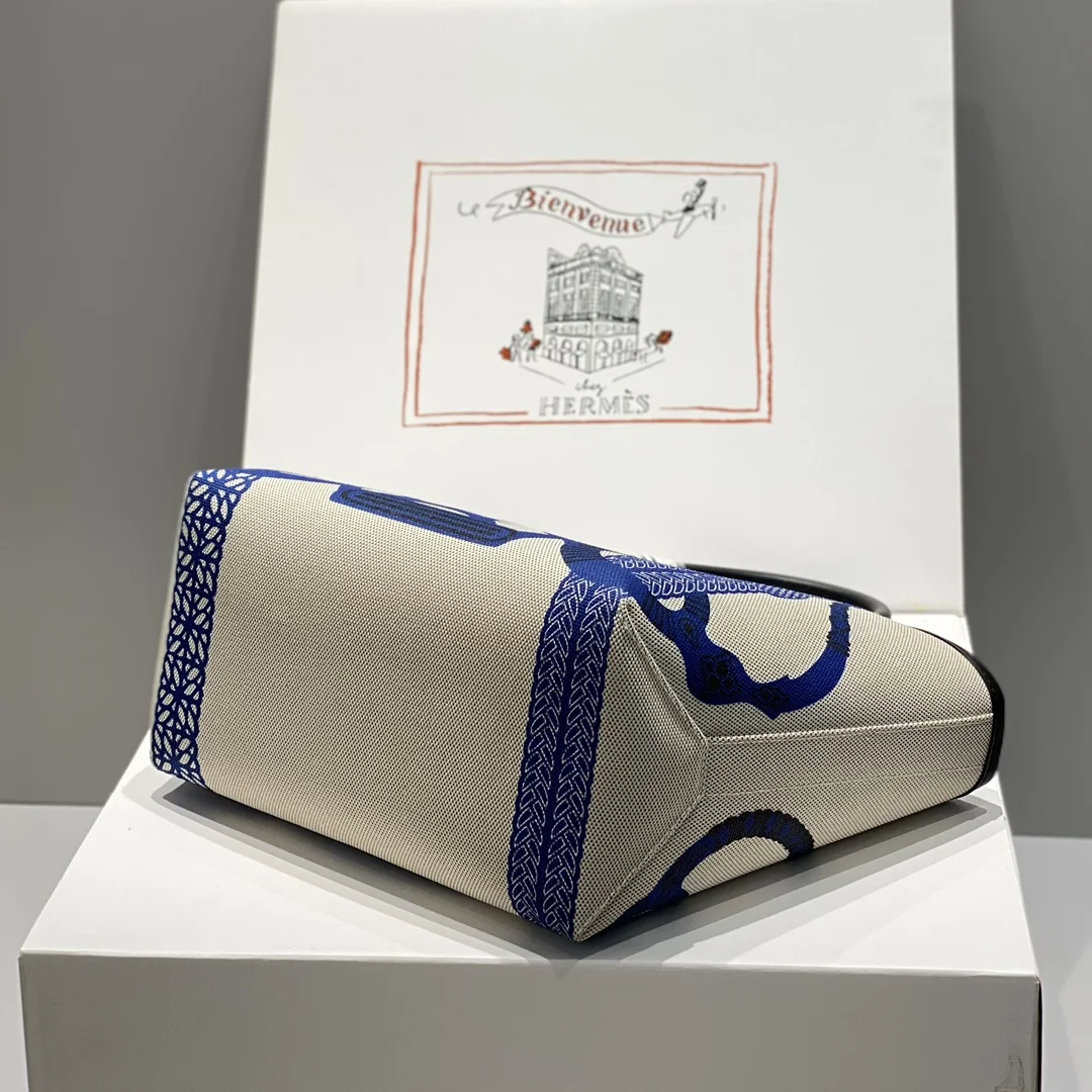 HERMES Top Handle Bags Canvas Calfskin (Beige-Blue) 25X23X15CM I50202608090677 - Image 3