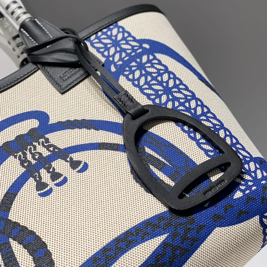 HERMES Top Handle Bags Canvas Calfskin (Beige-Blue) 25X23X15CM I50202608090677 - Image 5