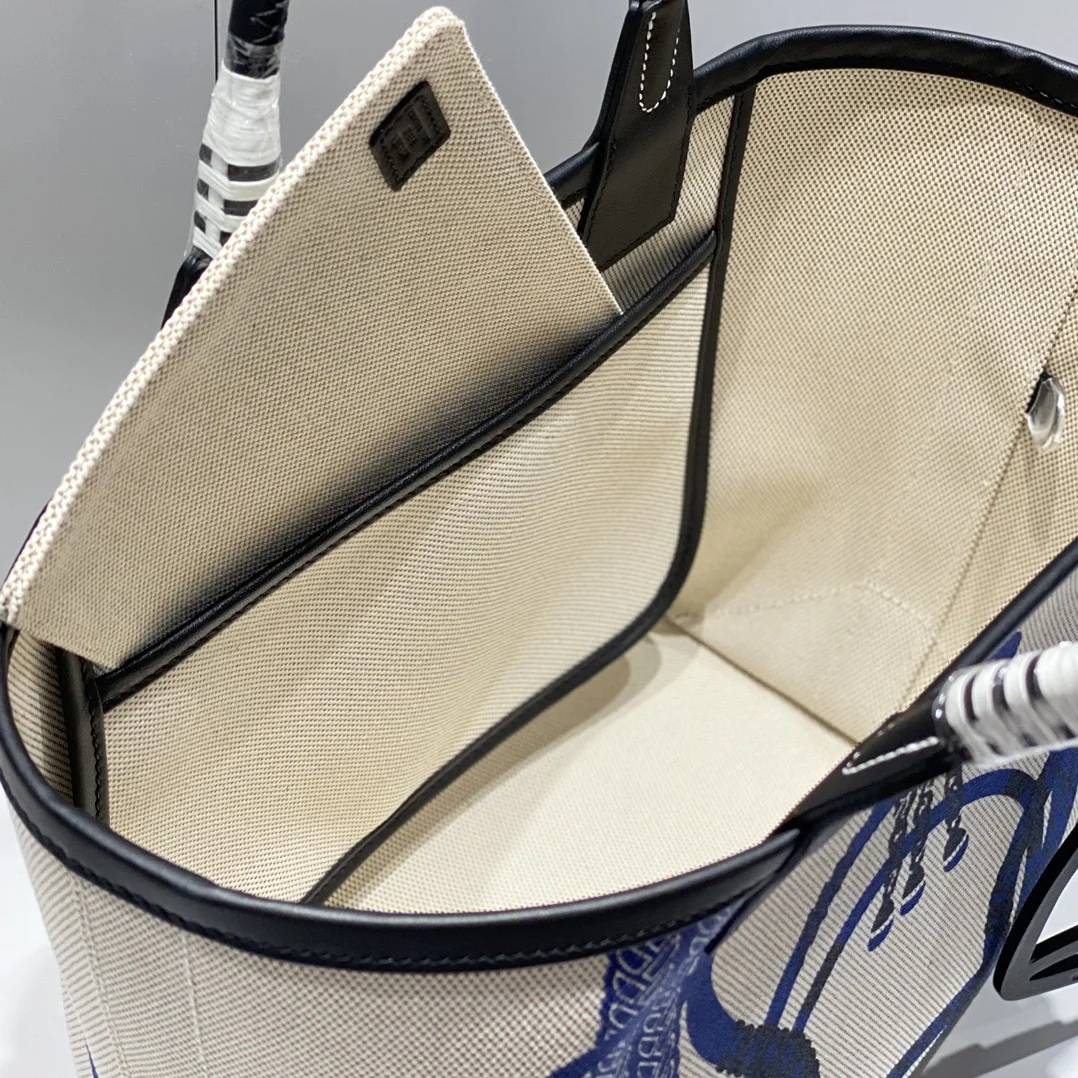 HERMES Top Handle Bags Canvas Calfskin (Beige-Blue) 25X23X15CM I50202608090677 - Image 9