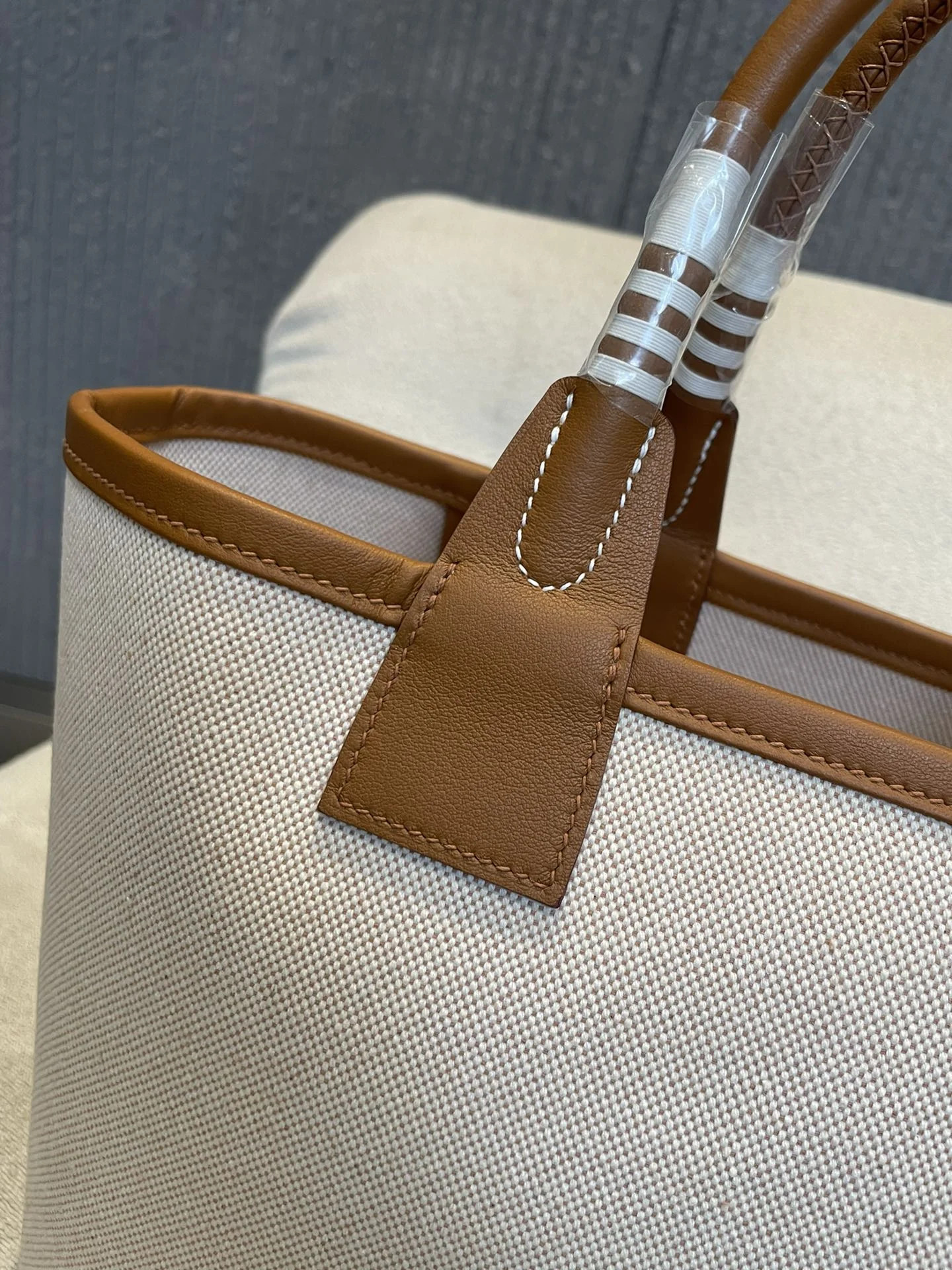 HERMES Top Handle Bags Canvas Calfskin (Beige-Brown) 25X23X15CM I50202608090673 - Image 3