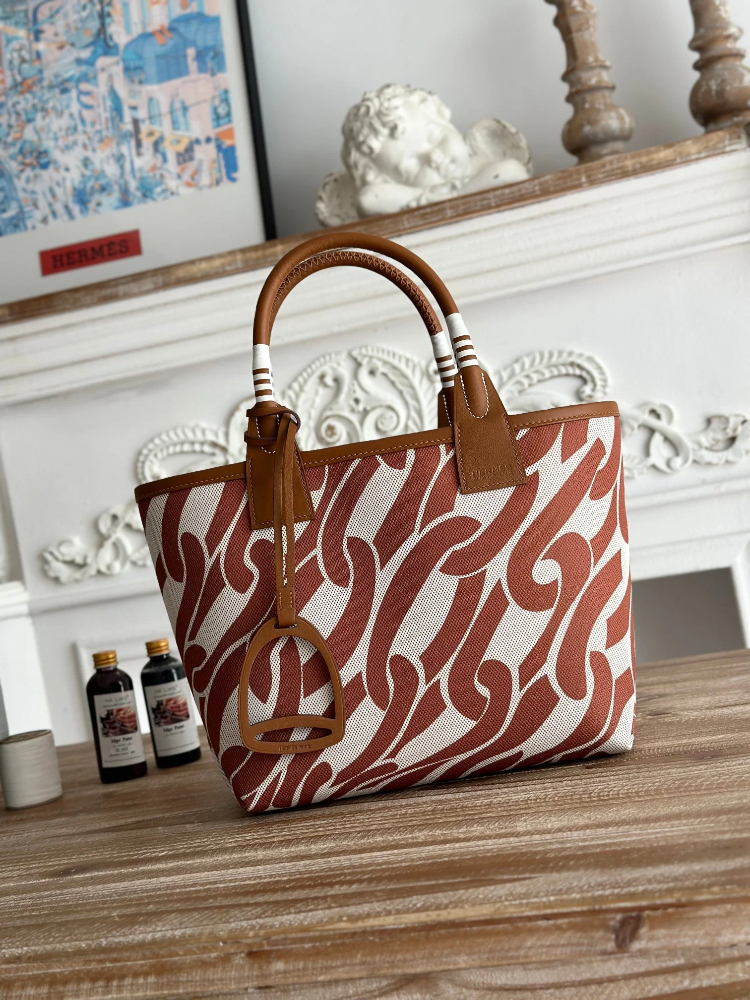 HERMES Top Handle Bags Canvas Calfskin (Brown-White) 25X23X15CM I50202608090658