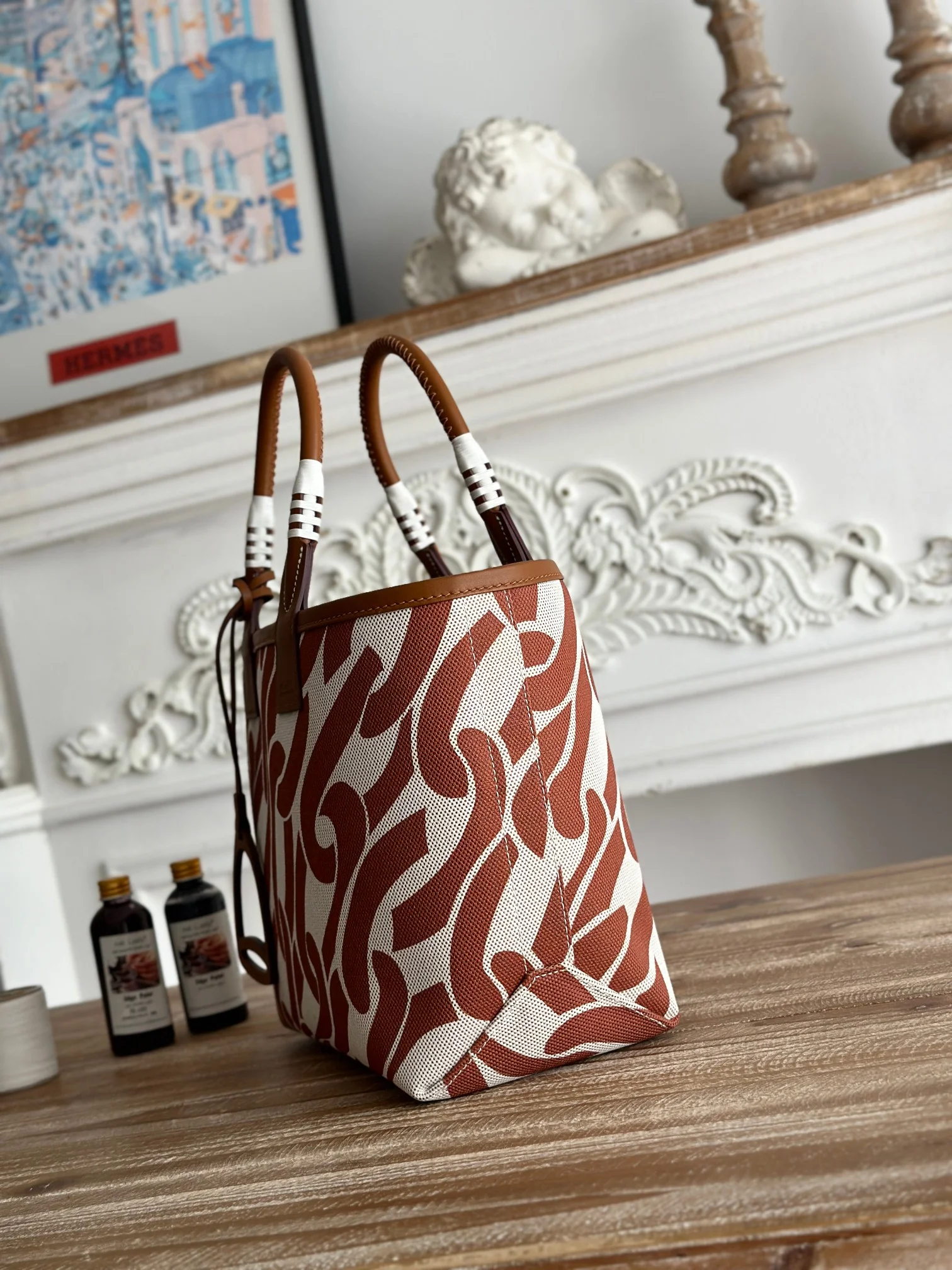 HERMES Top Handle Bags Canvas Calfskin (Brown-White) 25X23X15CM I50202608090658 - Image 2