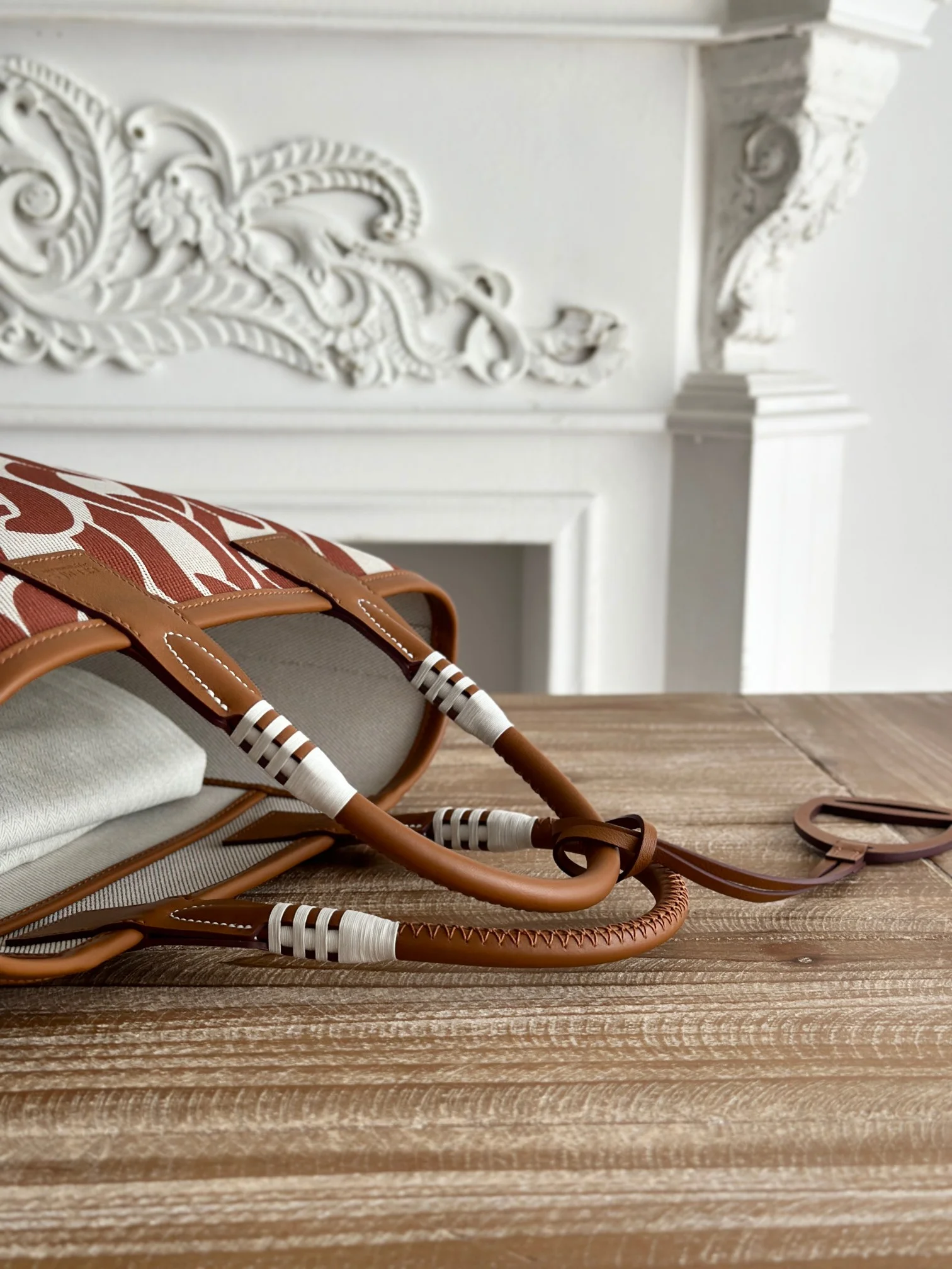 HERMES Top Handle Bags Canvas Calfskin (Brown-White) 25X23X15CM I50202608090658 - Image 7