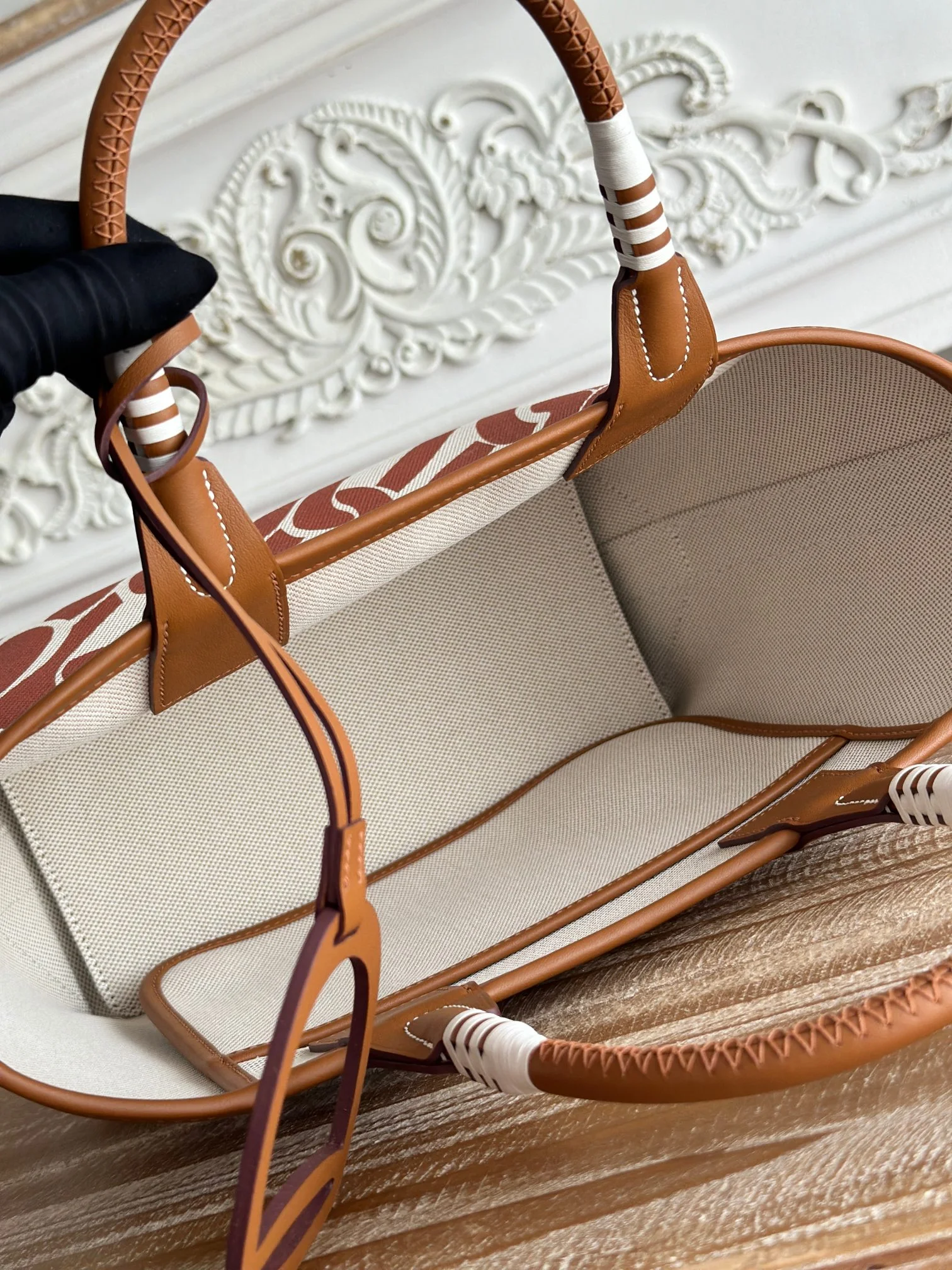 HERMES Top Handle Bags Canvas Calfskin (Brown-White) 25X23X15CM I50202608090658 - Image 9